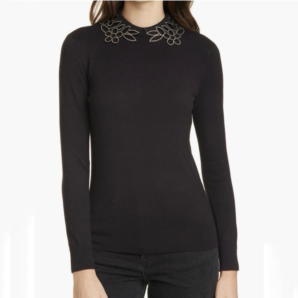 Ted Baker London Azaleo Black Embellished Floral Collar Knit Top Sweater Sz 2/S